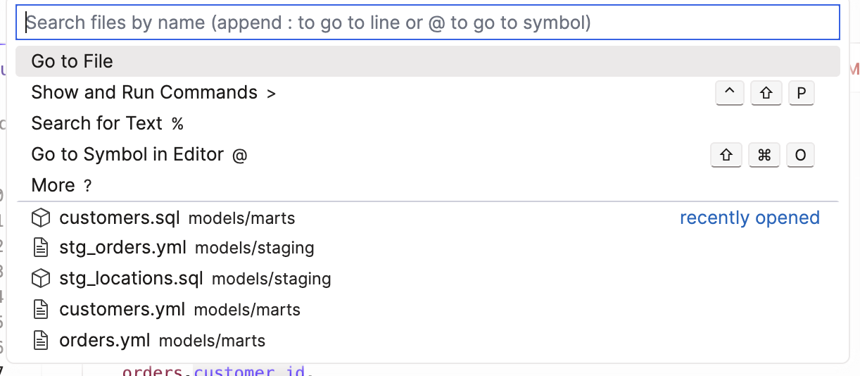 The command palette enables you to quickly navigate your project and run commands.