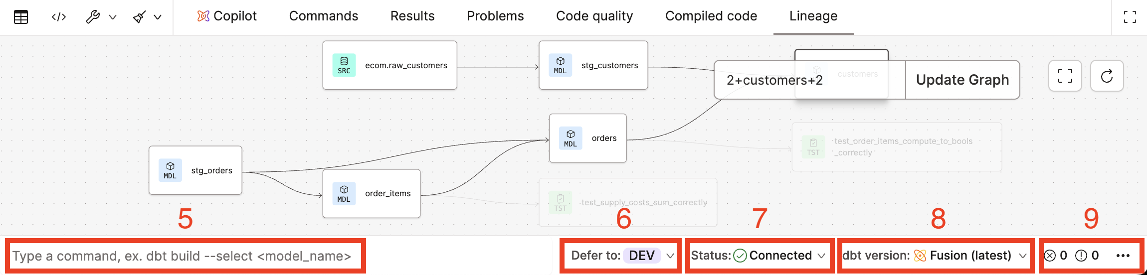 Use the Command bar to write dbt commands, toggle 'Defer', and view the current IDE status