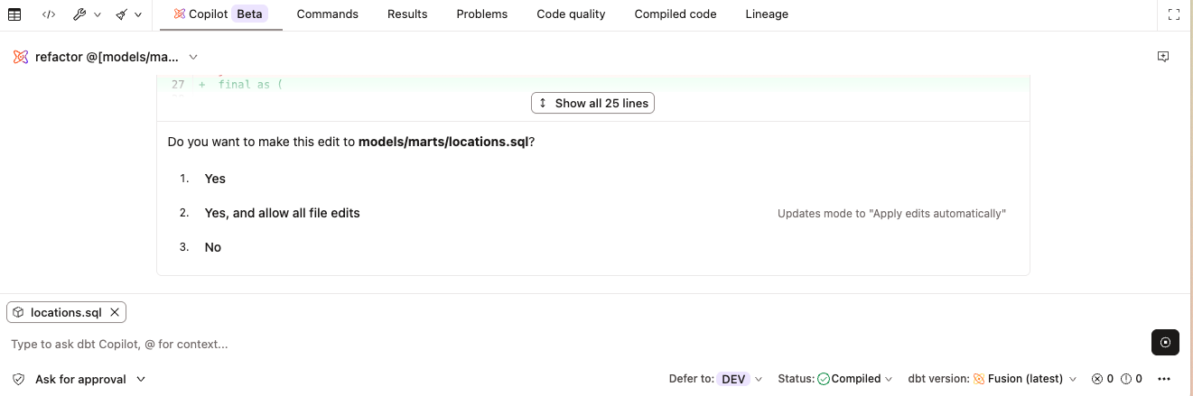 The Developer agent in Ask for approval mode, requesting approval before making file edits. The Developer agent in Ask for approval mode, requesting approval before making file edits.